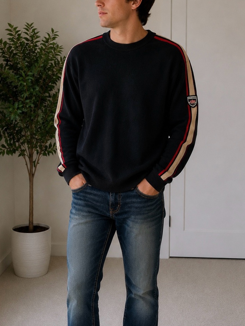 Eddie Bauer Black Crewneck Sweater with Red and Cream Sleeve Stripes